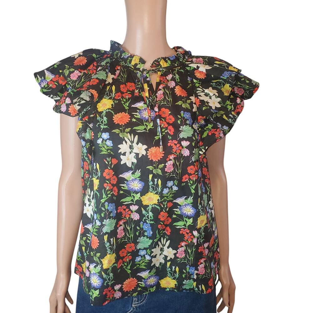 Entro Floral Ruffle Sleeve Cotton Blouse Size Small Black Garden Party Romantic
